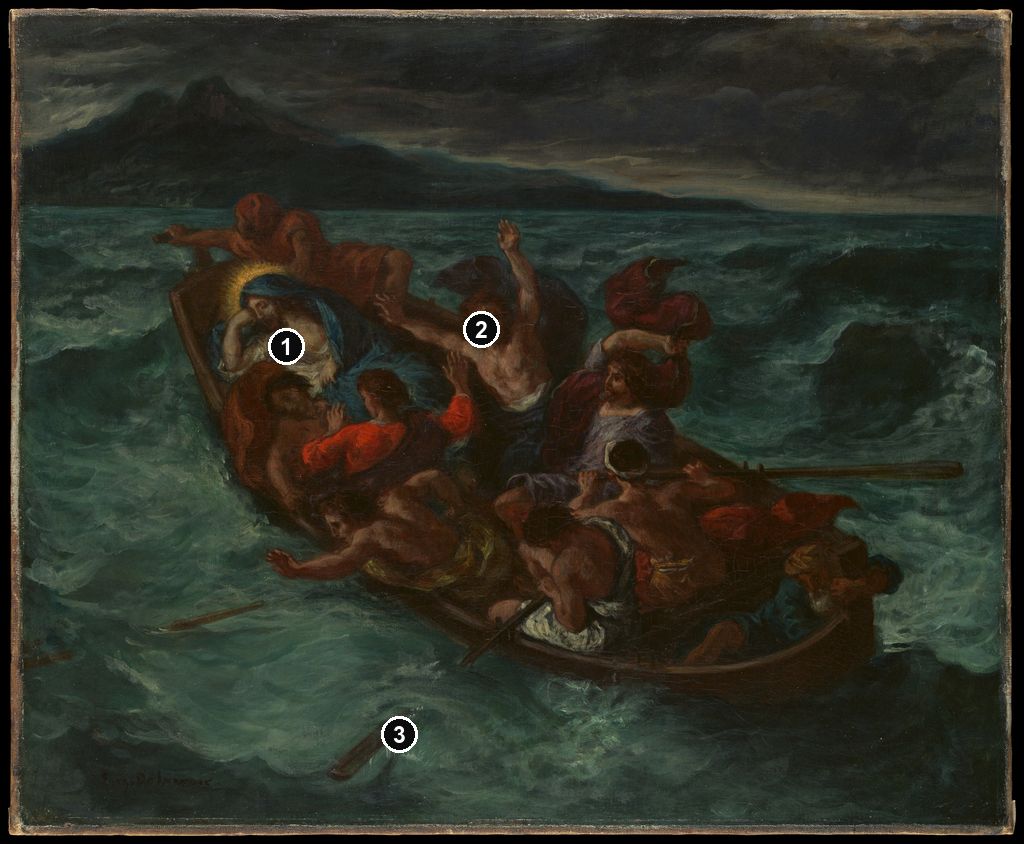 Annotated details from Christ Asleep during the Tempest by Eugène Delacroix